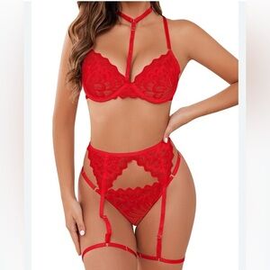 Mapale Red Lace Three Piece Lingerie Romantic Sexy Size M/L